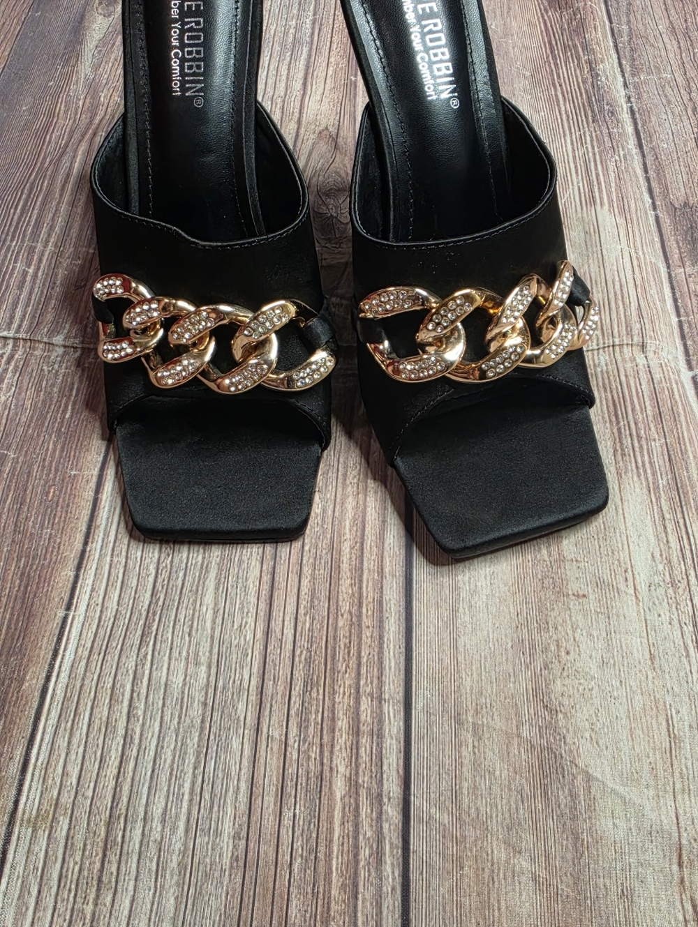 Cape Robbin Disteny Black Satin Gold Chain Square Open Toe Stiletto Mules - Picture 8 of 9